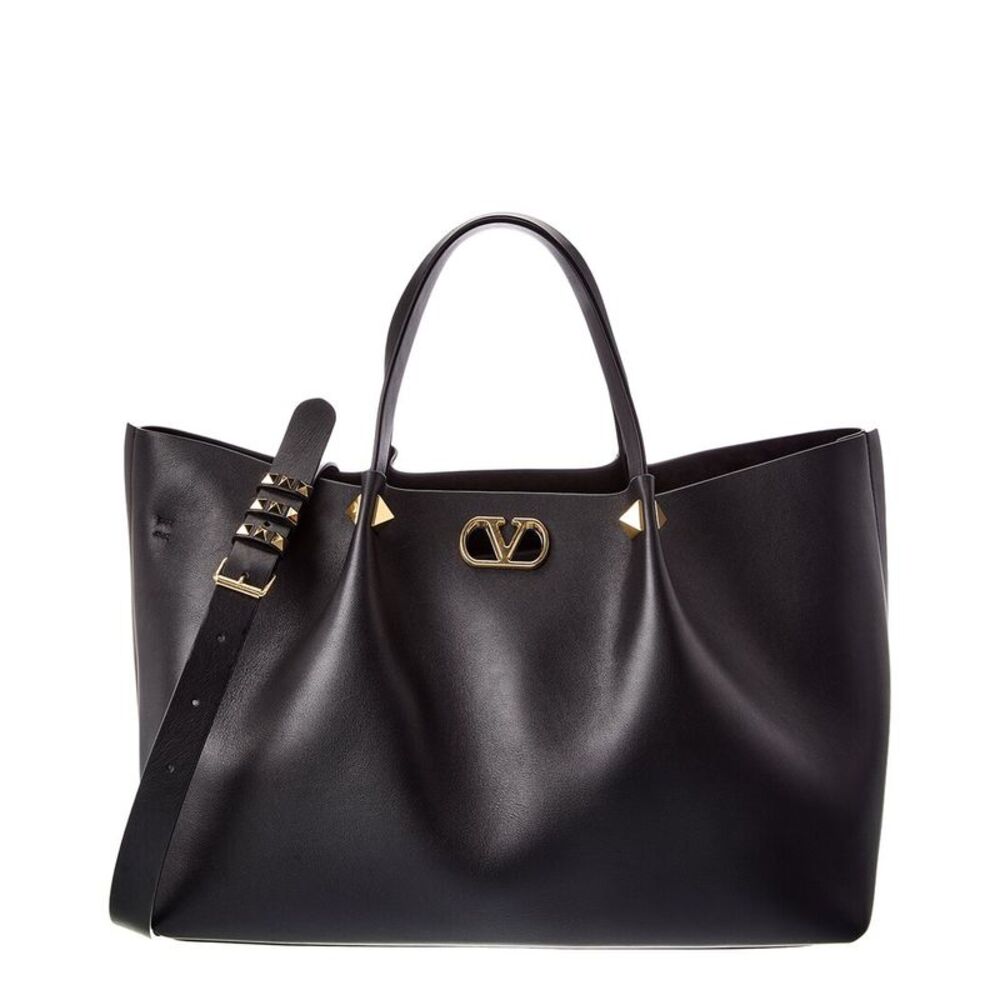 Valentino Vlogo Large Leather Tote, Black